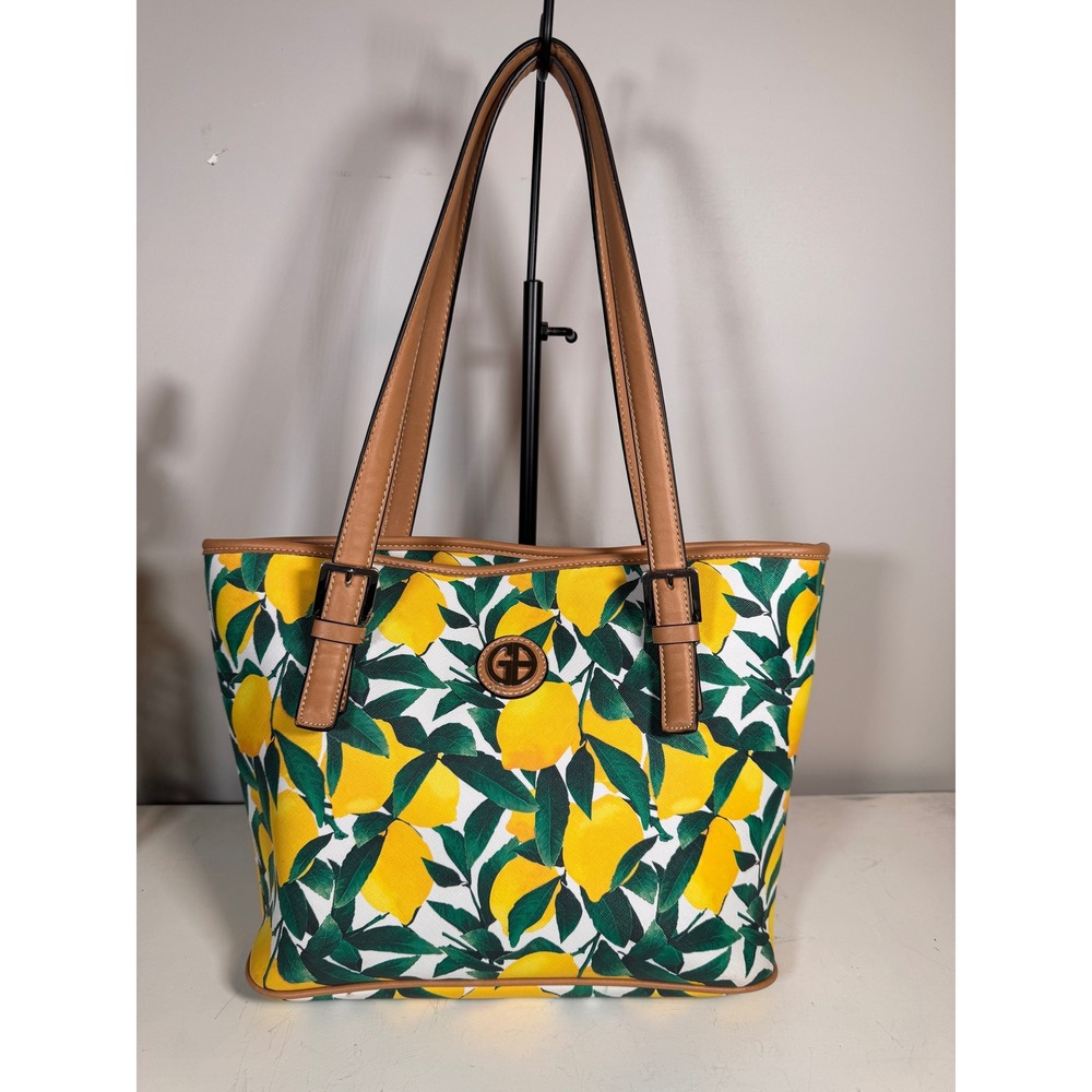 Giani Bernini Lemon Print Tote Bag Yellow Green Fruit Floral Shoulder Bag